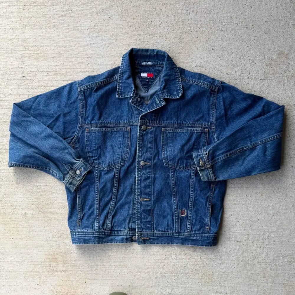Vtg 90s Tommy Hilfiger Big Flag Back Patch Denim Jacket Medium Wash Mens Large